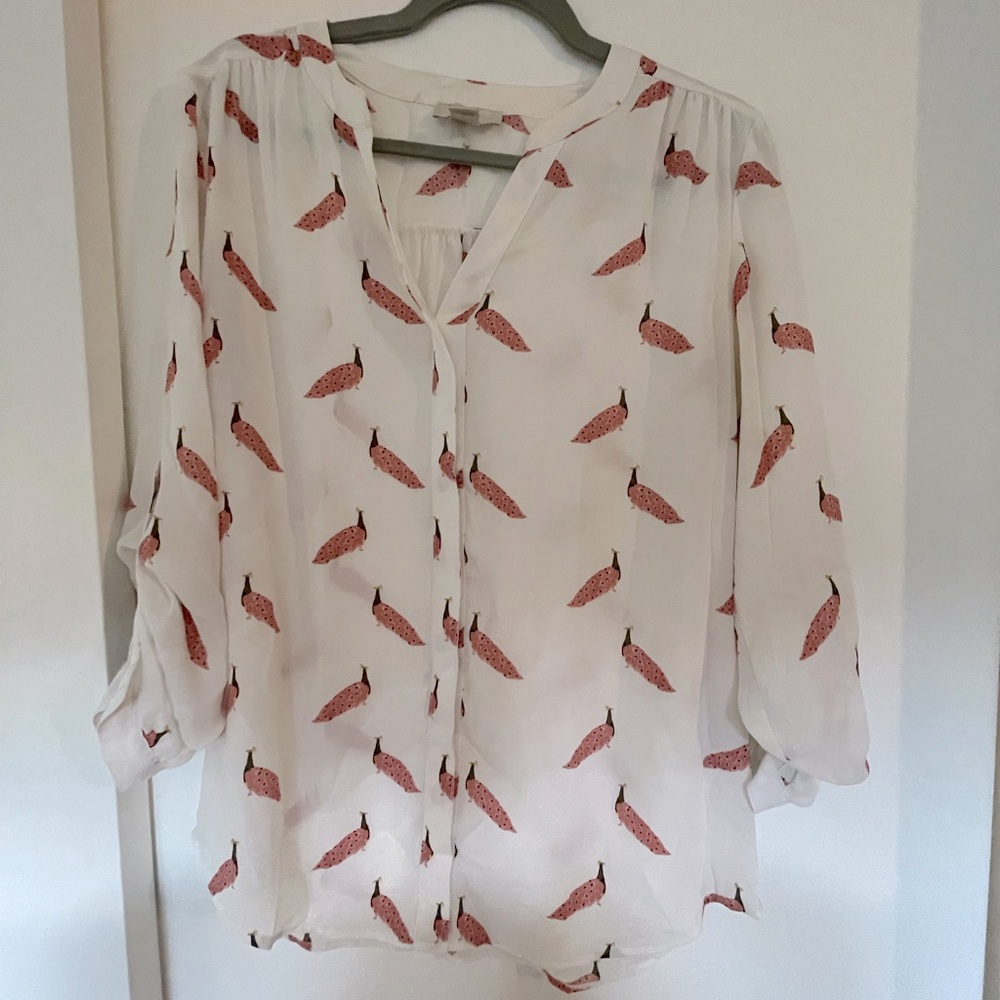 Lightweight white button up shirt with red peacocks Sz M